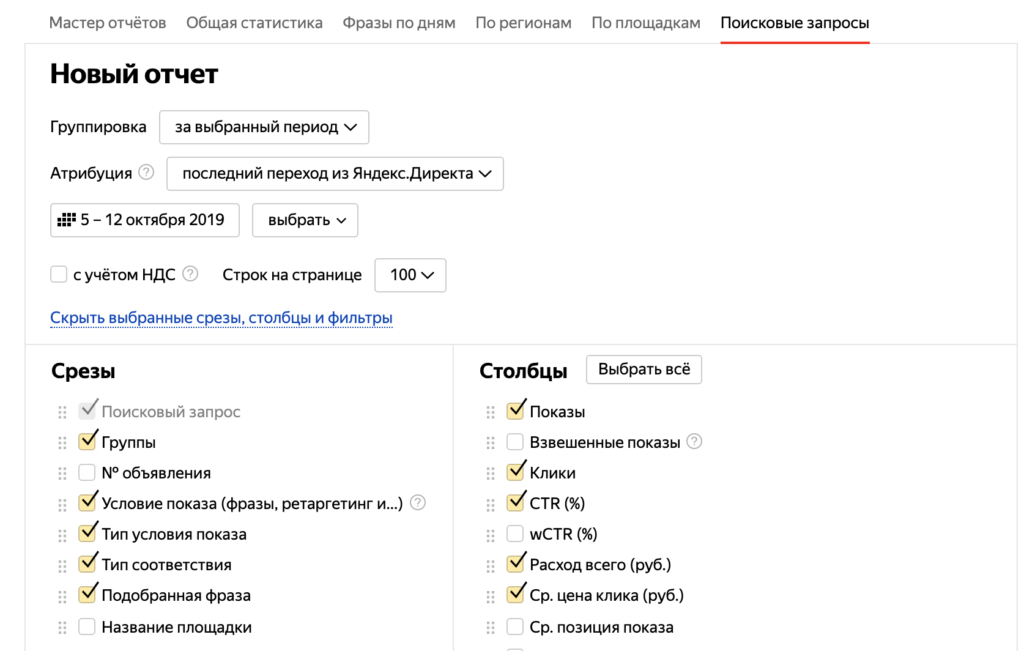 Отчет "поисковые запросы" в Яндекс Директ